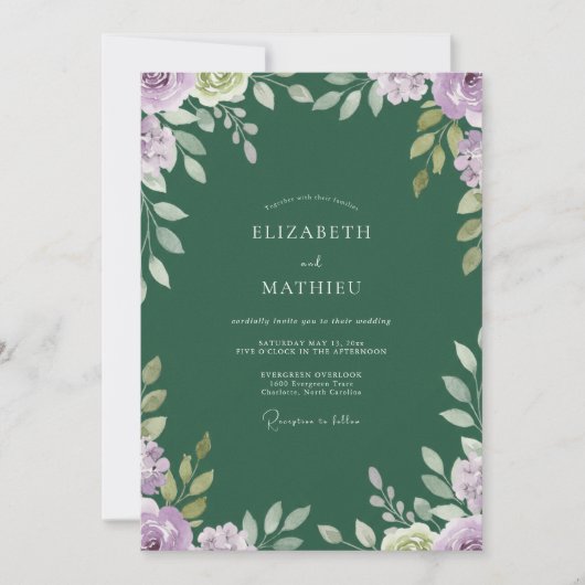 Smaragdgroene Amethyst Bladrijke Bruiloft Kaart (Voorkant)