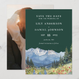 Smaragdgroene Aquarel Berg Foto Bruiloft Save The Date