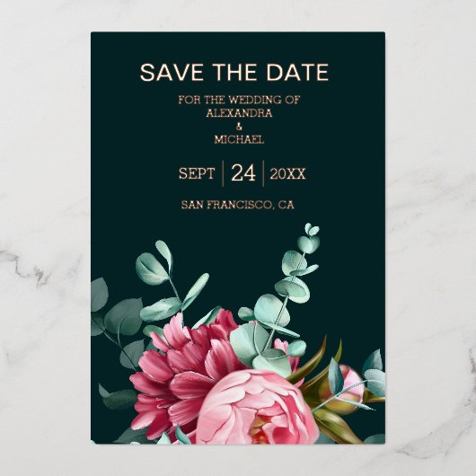 Smaragdgroene Aquarel Bourgondiérode Bloemen Bruil Folie Uitnodiging (Voorkant)