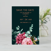 Smaragdgroene Aquarel Bourgondiérode Bloemen Bruil Folie Uitnodiging (Staand Voorkant)