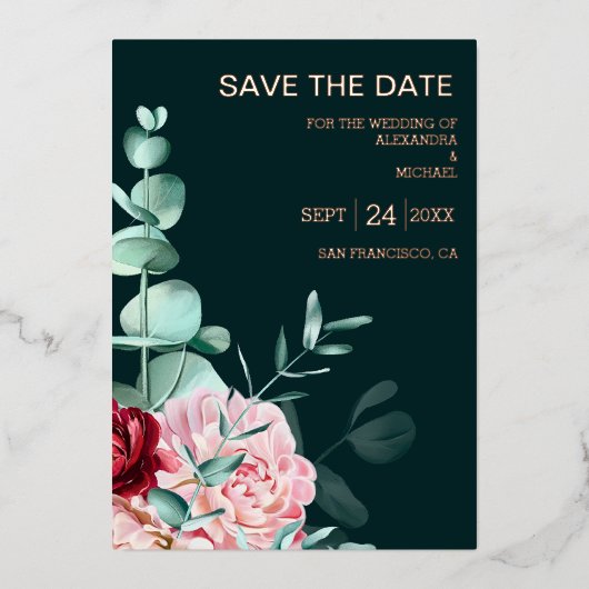 Smaragdgroene Aquarel Bourgondische Bloemen Bruilo Folie Uitnodiging (Voorkant)