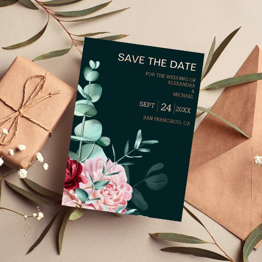 Smaragdgroene Aquarel Bourgondische Bloemen Bruilo Folie Uitnodiging