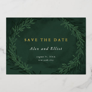 Smaragdgroene Aquarel Dramatische Save the Date Go Folie Uitnodiging