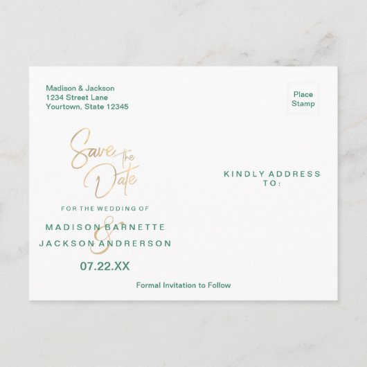 Smaragdgroene Aquarel & Goud Save the Date Aankondigingskaart (Achterkant)