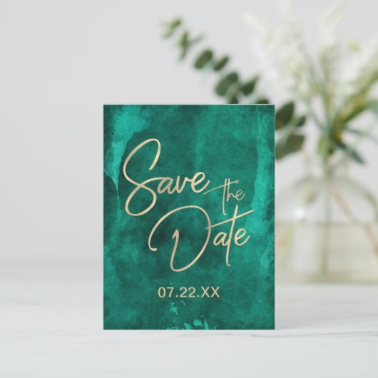 Smaragdgroene Aquarel & Goud Save the Date Aankondigingskaart (Staand voorkant)
