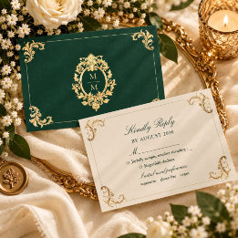 Smaragdgroene Barok Gouden Bruiloft RSVP Kaartje