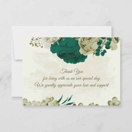 Smaragdgroene beige bloemen botanische bruiloft bedankkaart (Voorkant)