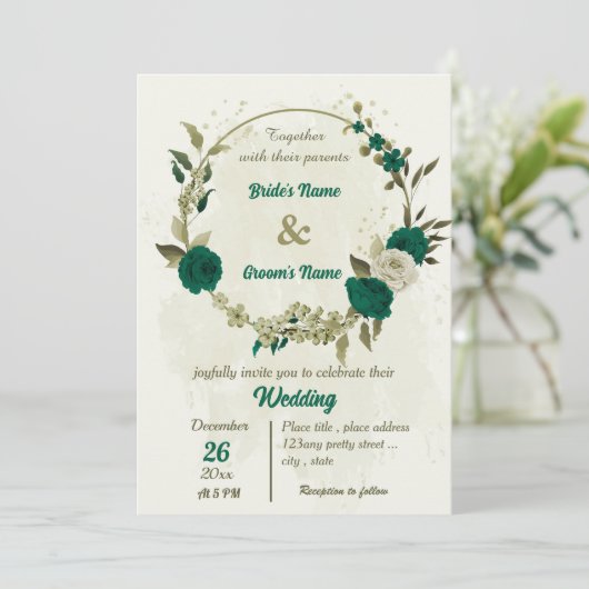 Smaragdgroene beige bloemen botanische bruiloft kaart (Staand voorkant)