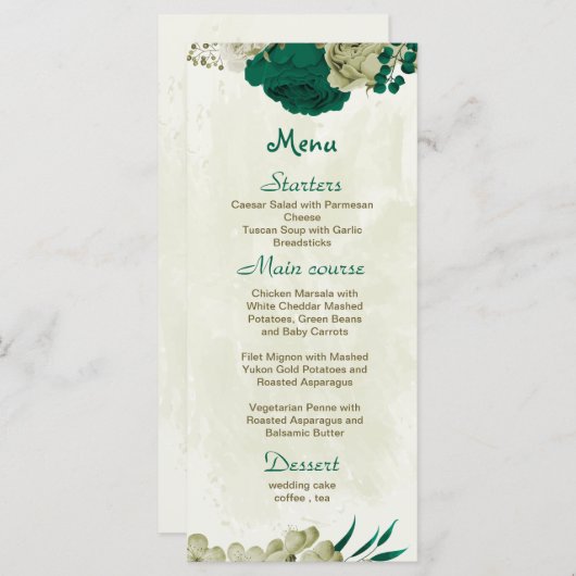 Smaragdgroene beige bloemen botanische bruiloft menu (Voorkant / Achterkant)