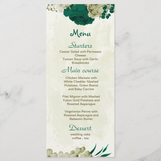 Smaragdgroene beige bloemen botanische bruiloft menu (Voorkant)
