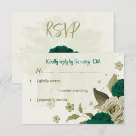 Smaragdgroene beige bloemen botanische bruiloft RSVP kaartje