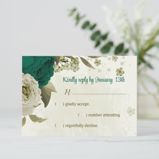 Smaragdgroene beige bloemen botanische bruiloft RSVP kaartje (Staand voorkant)