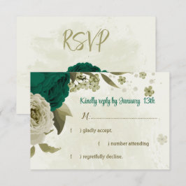 Smaragdgroene beige bloemen botanische bruiloft RSVP kaartje