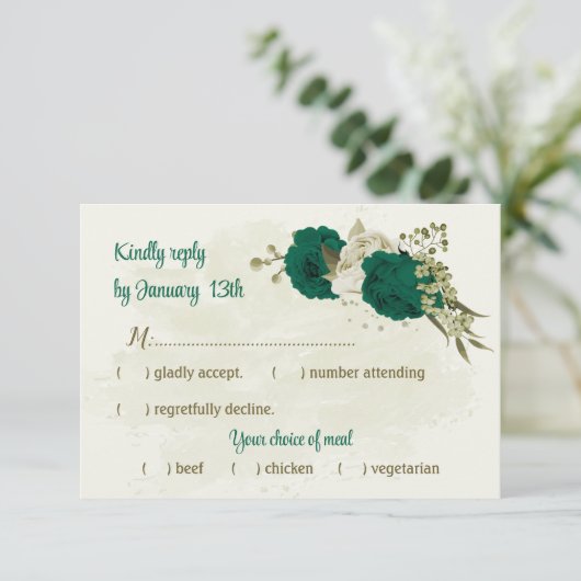 Smaragdgroene beige bloemen botanische bruiloft RSVP kaartje (Staand voorkant)