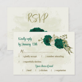 Smaragdgroene beige bloemen botanische bruiloft RSVP kaartje