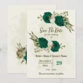 Smaragdgroene beige bloemen botanische bruiloft save the date (Voorkant / Achterkant)