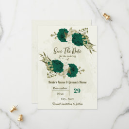 Smaragdgroene beige bloemen botanische bruiloft save the date
