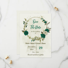 Smaragdgroene beige bloemen botanische bruiloft save the date