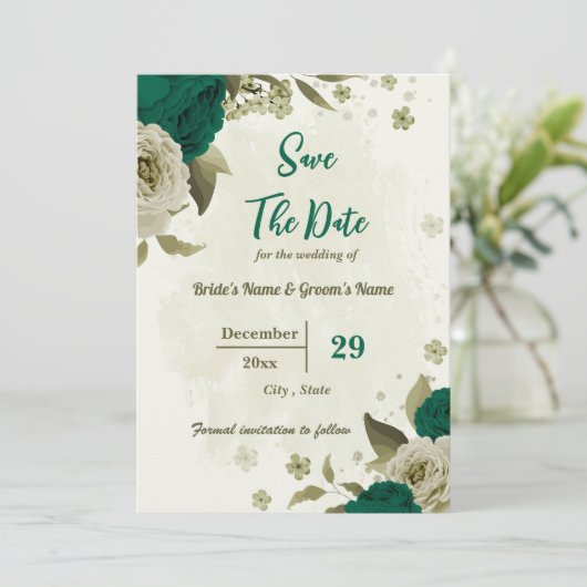 Smaragdgroene beige bloemen botanische bruiloft save the date (Staand voorkant)