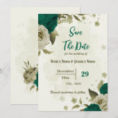 Smaragdgroene beige bloemen botanische bruiloft save the date (Voorkant / Achterkant)