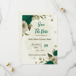 Smaragdgroene beige bloemen botanische bruiloft save the date