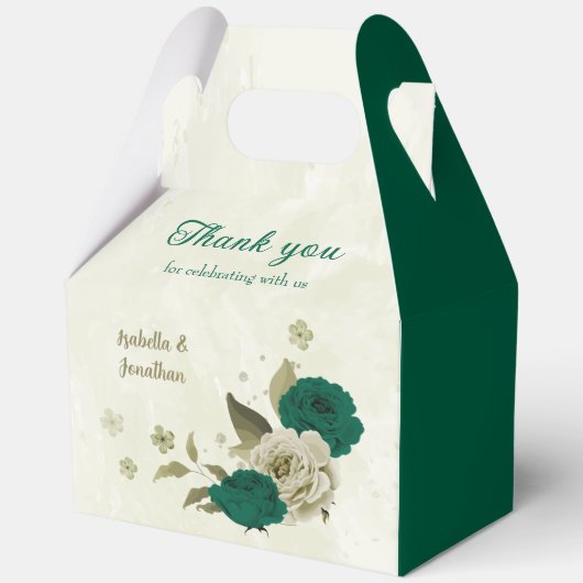 Smaragdgroene beige bloemen bruiloft bedankdoosjes (Voorkant)