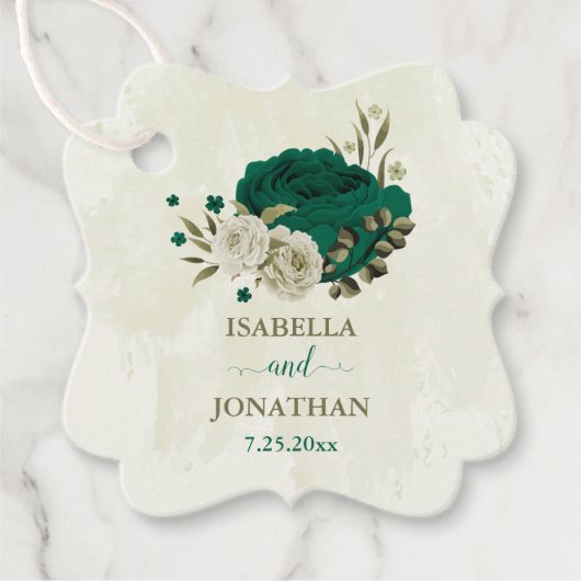 Smaragdgroene beige bloemen bruiloft bedankjes labels (Voorkant)