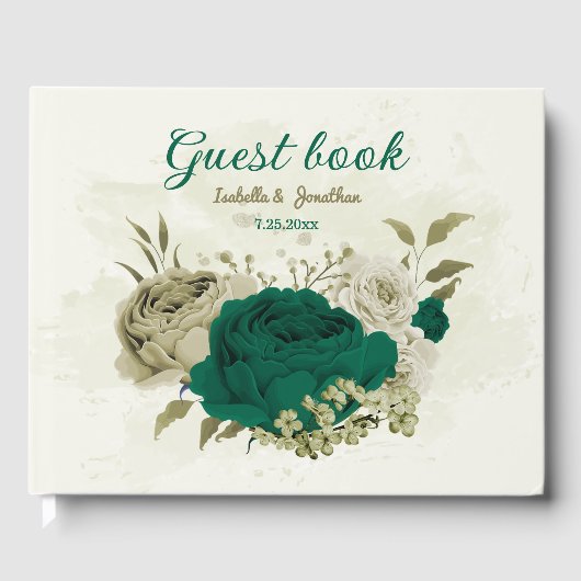 Smaragdgroene beige bloemen bruiloft gastenboek (Voorkant)