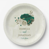 Smaragdgroene beige bloemen bruiloft papieren bordje (Voorkant)
