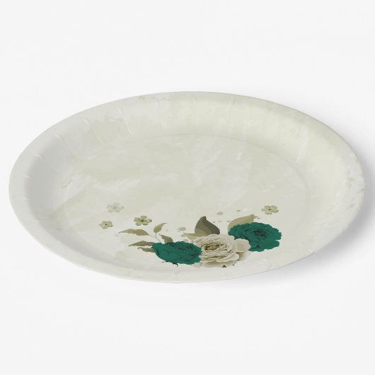 Smaragdgroene beige bloemen bruiloft papieren bordje (Gekanteld)