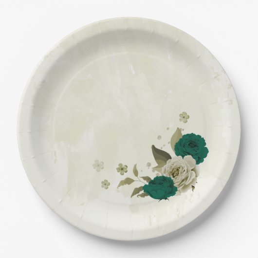 Smaragdgroene beige bloemen bruiloft papieren bordje (Voorkant)