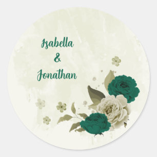 Smaragdgroene beige bloemen bruiloft ronde sticker