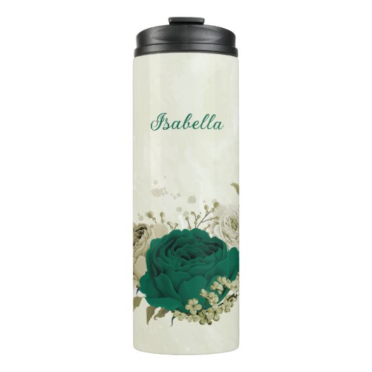 smaragdgroene beige bloemen bruiloft thermosbeker (Voorkant)