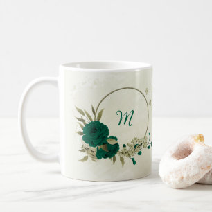 smaragdgroene beige bloemen koffiemok