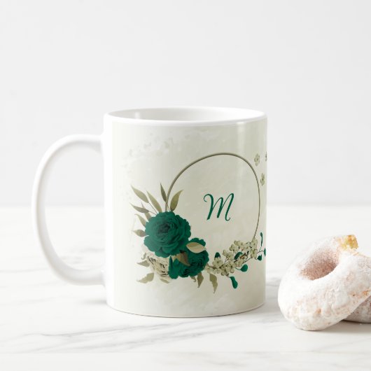 smaragdgroene beige bloemen koffiemok (Met donut)
