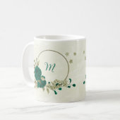 smaragdgroene beige bloemen koffiemok (Voorkant links)