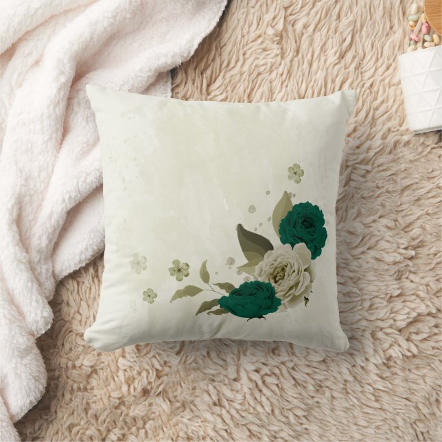 smaragdgroene beige bloemen kussen (Deken)