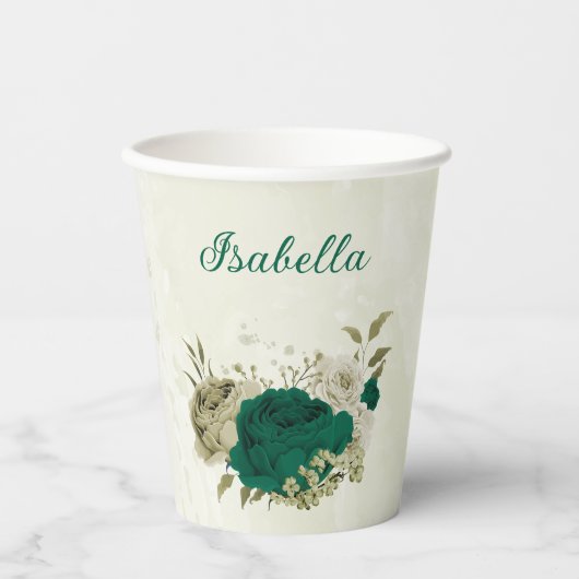 smaragdgroene beige bloemen papieren bekers (Voorkant)