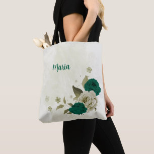 smaragdgroene beige bloemen tote bag