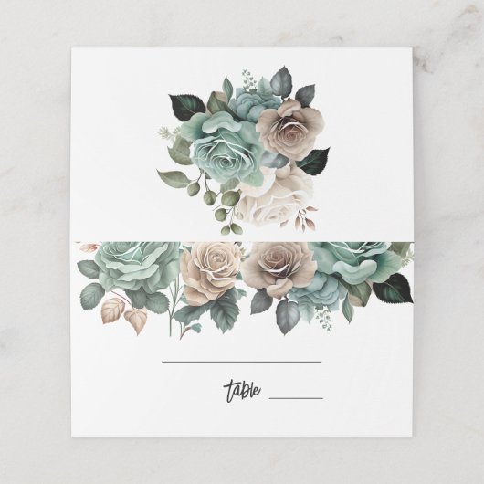 Smaragdgroene beige pioenroos bloem bruiloftsborre plaatskaartje (Buitenkant ongevouwen)