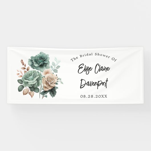 Smaragdgroene beige pioenroos bloem bruiloftsfeest spandoek (Horizontaal)