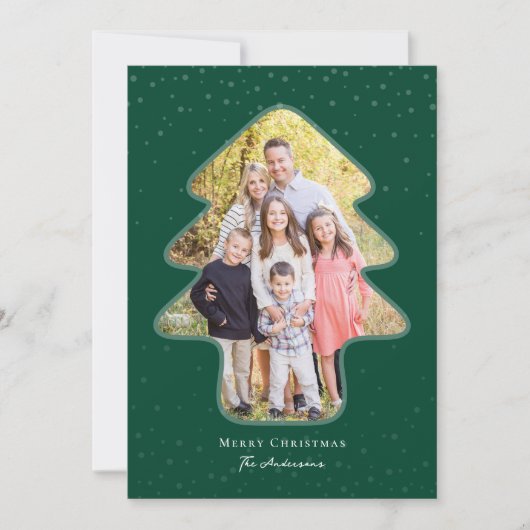 Smaragdgroene besneeuwde kerstboomvormige foto feestdagenkaart (Voorkant)