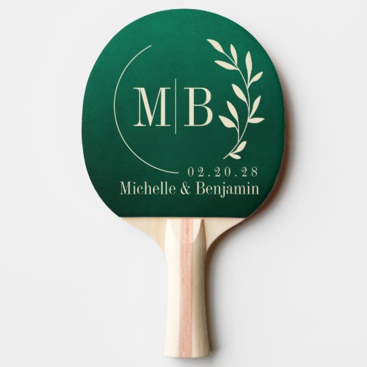 Smaragdgroene Blad Bruiloft Monogram Tafeltennisbatje (Achterkant)