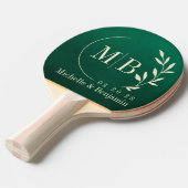 Smaragdgroene Blad Bruiloft Monogram Tafeltennisbatje (Voorkant Gekanteld)