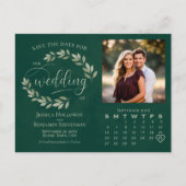 Smaragdgroene Bladeren Foto Kalender Trouwdatum be Aankondigingskaart (Voorkant)