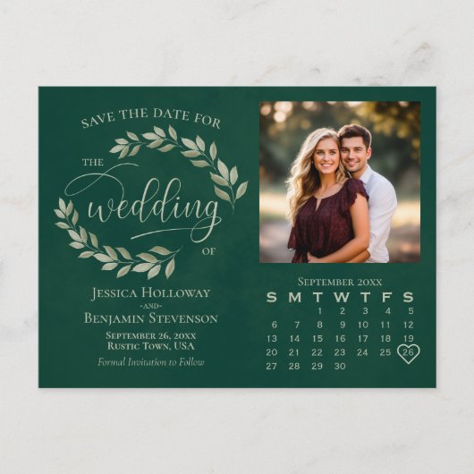 Smaragdgroene Bladeren Foto Kalender Trouwdatum be Aankondigingskaart (Voorkant)