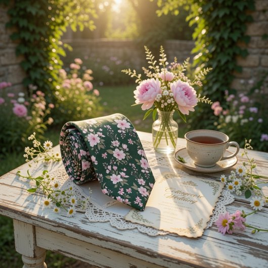 Smaragdgroene Bloem Licht Roze Bloesem Stropdas