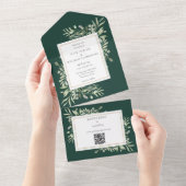 Smaragdgroene Bloem QR Code Bruiloft All In One Uitnodiging (Afscheurbaar)