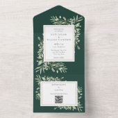 Smaragdgroene Bloem QR Code Bruiloft All In One Uitnodiging (Binnen)