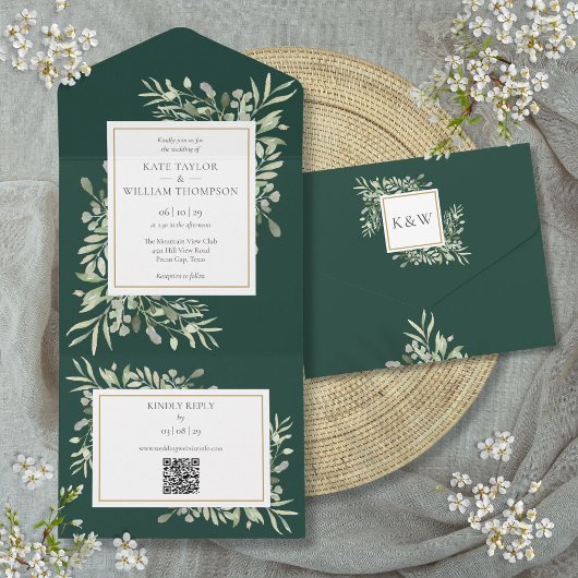 Smaragdgroene Bloem QR Code Bruiloft All In One Uitnodiging